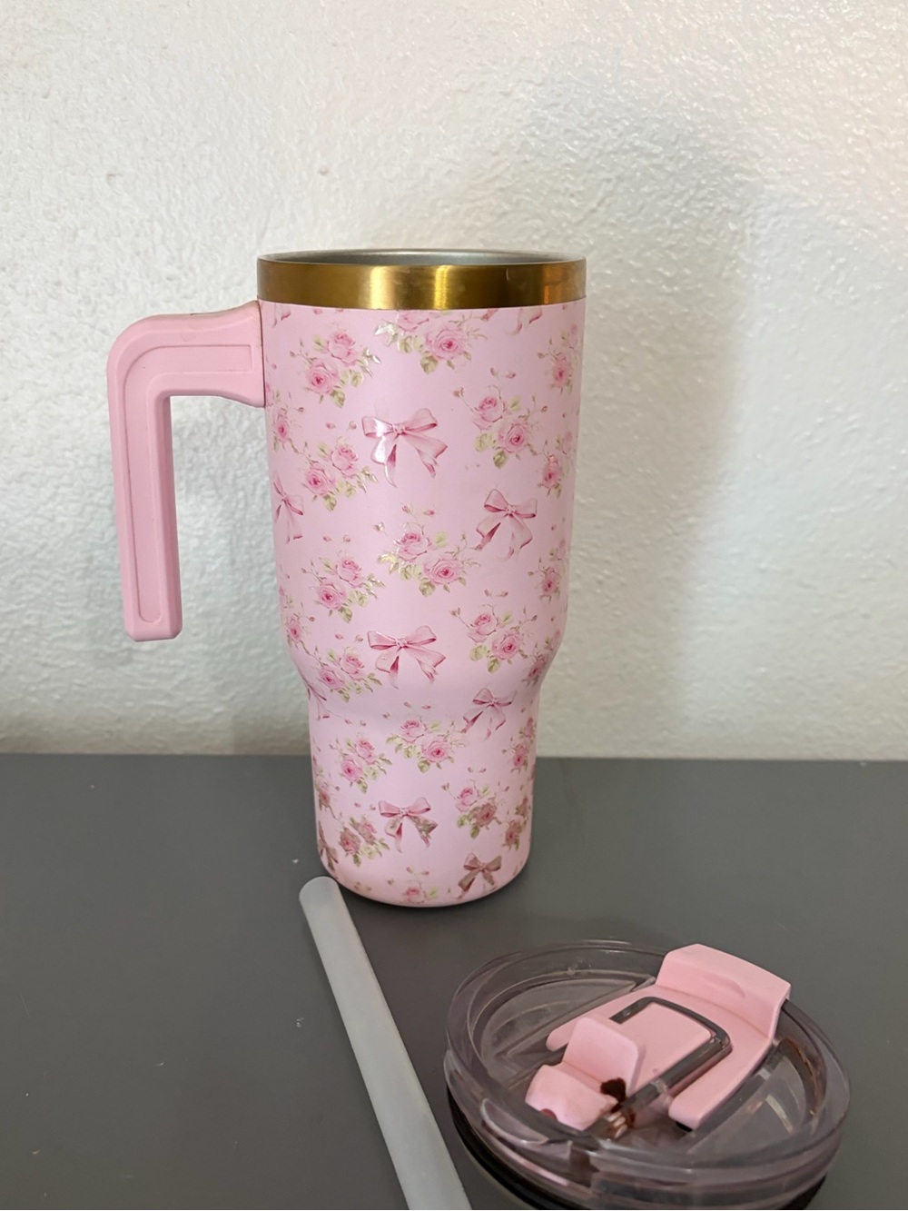 Pink Floral Insulated Travel Tumbler with Handle